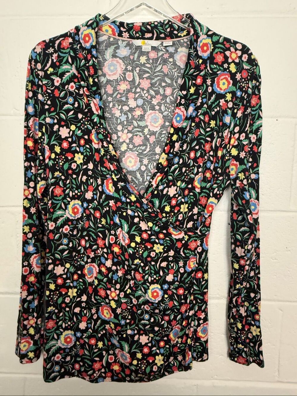 Boden Black Multicolor Floral Faux Wrap Long Sleeve Top US 16/18